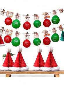1/5pcs Red & White Christmas Honeycomb Hat, Christmas & New Year Shop Window & Indoor/Outdoor Decoration, Red Paper Honeycomb Ball Santa Hat, Tissue Paper Balls, Christmas Party Decor, Room Decoration