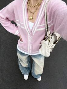 2025秋冬新款休闲时尚复古条纹长款开衫女宽松粉色毛衣单排扣口袋长袖上衣新年万圣节衣服圣诞装秋冬女装女冬外套 - 粉色 - 查看 7