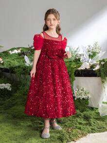 ALISA&LEO Enchanting Round Neck Spaghetti Strap Girls' Sequin Dress With Sheer Short Puffed Sleeves And Oversized Bow Detail For Wedding Ceremonies, Formal Galas, Evening Receptions, Award Ceremonies, And Holiday Celebrations