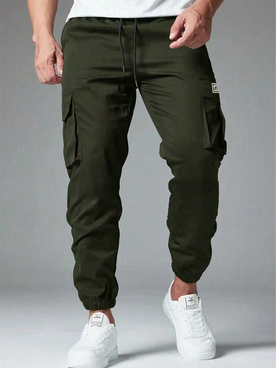 Men's Casual Outdoor Cargo Pants, Fashionable Drawstring Waist Workwear Trousers Spring Sports - Army Green - View 1