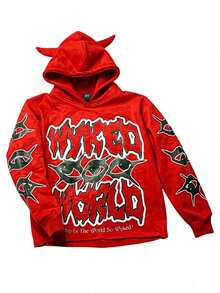 Y2K Gothic Harajuku Street Hip Hop Hoodie For Men Devil Horn Hooded Sweatshirt Punk Goth Aesthetic Grunge Pullover - Red - View 3