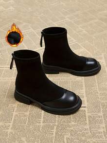 厚底靴，2025年冬季新款毛绒细长靴，厚跟绒面革高端保暖靴，保暖时尚切尔西踝靴，女士中筒靴 - 黑色 - 查看 8