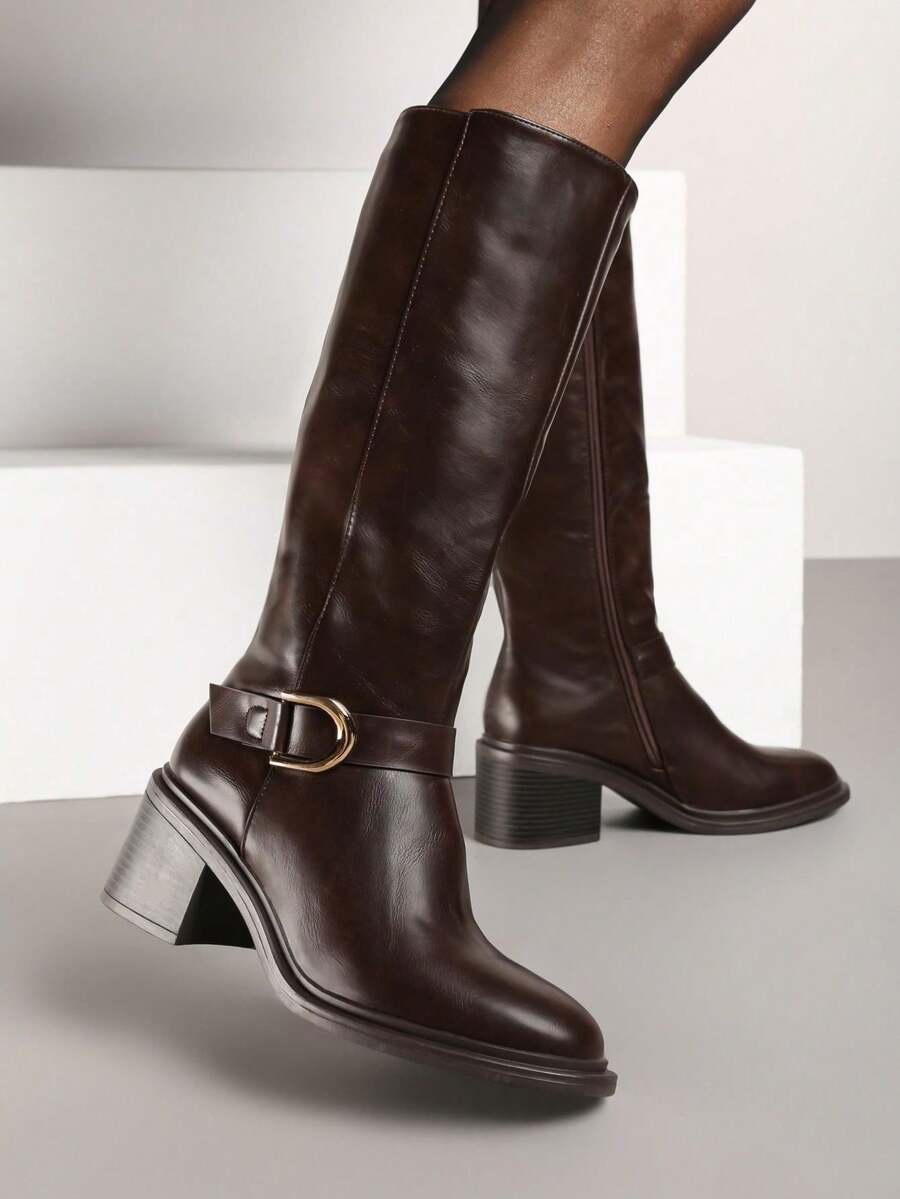 Elegant Buckle Knee High Boots - Women's Winter Casual Boots - Brown - View 1