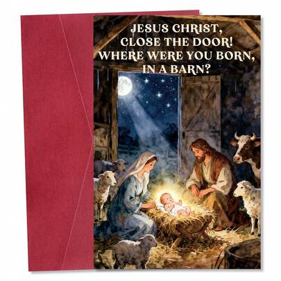 1pc Funny Jesus Christ Christmas Greeting Card With Envelope - Religious Humor Nativity Scene "Born In A Barn" Pun, Festive Card, Christmas Card For Christian Family, Friends