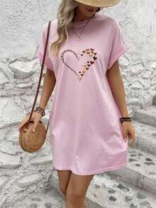 Vestido mini ajustado de manga corta con cuello redondo, impresión de amor, para mujer, verano - Rosa - Ver 1