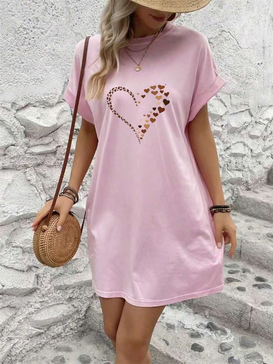 Vestido mini ajustado de manga corta con cuello redondo, impresión de amor, para mujer, verano - Rosa - Ver 1