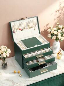 BOOVO 1 Stück Schmuckkasten für Frauen - 4-stöckiger Schmuckorganizer - Perlenbesetzter Schmuckkasten mit Schminkspiegel und Halterung für Halsketten - zum Aufbewahren verschiedener Schmuckarten - aus strapazierfähigem Kunstleder - geeignet als Geschenkbox für Feiertage, Jahrestage und Geburtstage - Verschiedenfarbig - Übersicht 11