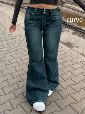 Personalized American Retro Boot-Cut Trousers Washed And Distressed Design Plus Size Women's Jeans