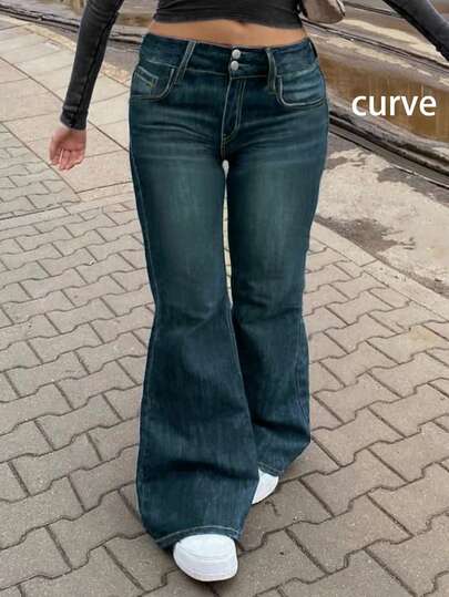 Personalized American Retro Boot-Cut Trousers Washed And Distressed Design Plus Size Women's Jeans