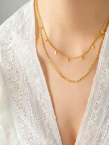 1 件双层 7 颗小立方体项链，时尚高端女性设计 - 金黃色 - 查看 2