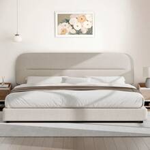 Queen Bed Frame With Headboard, Boucle Upholstered Soft Platform Bed Frame With Thickened Footboard,  Rounded Corners Design, Twin/ Full/ Queen/ King, Grey/ White/ Beige/ White/ Black - Màu be - Xem 13