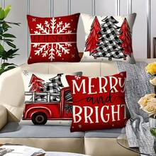 4 buc. fețe de pernă roșii de Crăciun, decor de Crăciun tip casă de la țară, fețe de pernă decorative cu model de camion de Crăciun, potrivite pentru canapea, sufragerie, exterior, inserția de pernă nu este inclusă