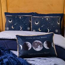 Kit Edredom Cobertor SOLTEIRO Astros Azul Marinho com Almofada Estampada 04 Peças - Dupla Face Percal 300 Fios Toque Macio Acetinado Tecido Pantografado em Linha Decoração Astrologia Signos Estrelas Espaço Fases da Lua Astronomia Universo