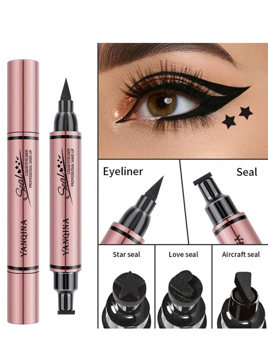 QIC 二合一双头眼线笔 - 星心印章三角印章液体眼线笔，易于涂抹，打造专业效果眼线妆 - 黑色 - 查看 1