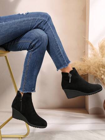 Women's Fashion Ankle Boots | Exquisite Suede Upper | TPR Anti-Slip Thick Sole | Elevated Wedge Heel Design | New Winter Versatile Zipper Ankle Boots | Stylish Buckle Boots Essential For Parties And Work