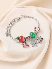 1pc Christmas Cute Painted Oil Rhinestone Snow House, Christmas Tree, Snowflake Charm Beaded Bracelet, Multi-Element DIY Chain Bracelet, Suitable For Women Holiday Party Wear, Gift