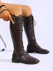 Botas de Montaria Femininas, Moda Bico Redondo Zíper Lateral de Couro Tubo Reto Botas Equestres, Cano Médio Outono/Inverno