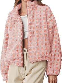 Sherpa Checkered Jacket For Women Plaid Zip Up Fleece Jacket With Pockets Winter Fall Fuzzy Cropped Coats - Pink - View 2