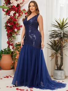 Vestidos de fiesta formales de talla grande para mujer con lentejuelas y parches de malla con diseño de sirena, adecuados para fiestas, graduaciones, actuaciones, bailes de graduación, primavera/verano/otoño/invierno - Azul Marino - Ver 8