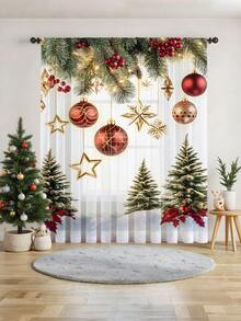 1 pieza Cortina decorativa de tul navideña, adecuada para sala de estar, dormitorio, cocina, fiesta navideña, estrella de Navidad, fruta navideña, globo dorado, rama de pino navideña, árbol de Navidad, 100g/㎡