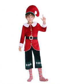 Fantasia de Natal de luxo para crianças: Ajudante de Papai Noel - Jaqueta, Calça Verde Estampada, Meias, Chapéu, Cinto | Festa de Natal/Apresentação Escolar/ - Multicolorido - Ver 11