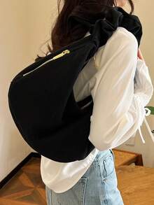 Foldable Velvet Handbag With Drawstring Shoulder Strap, Large Capacity, Vintage Style, Suitable For School, Commute, Autumn Season - Black - View 6