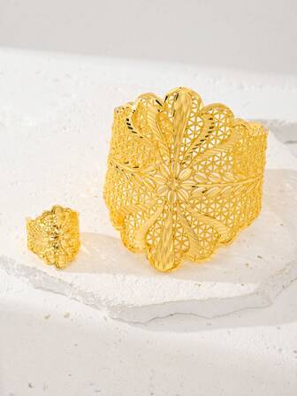 2 件金色手镯和戒指首饰套装，女士适用，24K 镀金铜材质，高端喜庆