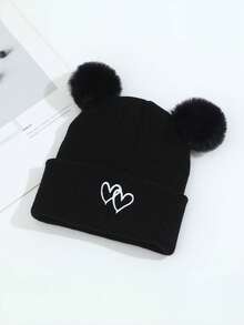 1 pieza Gorra de béisbol de punto con bordado de doble corazón para niños, un sombrero de invierno cálido para niños, adecuado para que las niñas lo usen a diario y como regalo, también adecuado para que los bebés lo usen