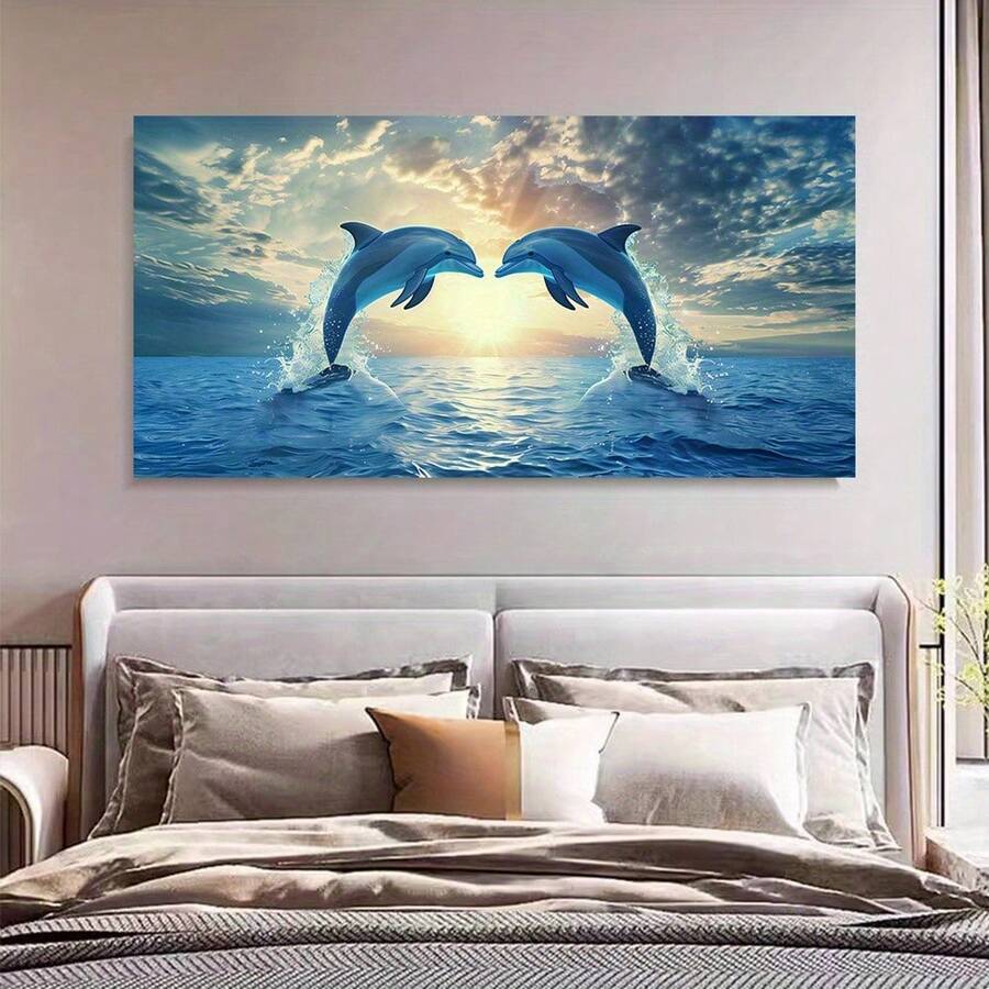 Dolphin Canvas Wall Art - No Framed Sea Life Print, Modern Art Decor Style Animal Theme Wall For Indoor Decor, Dolphin Jump Poster For Living Room, Bedroom, Dining, Artistic Ocean Picture - Multicolor - View 1