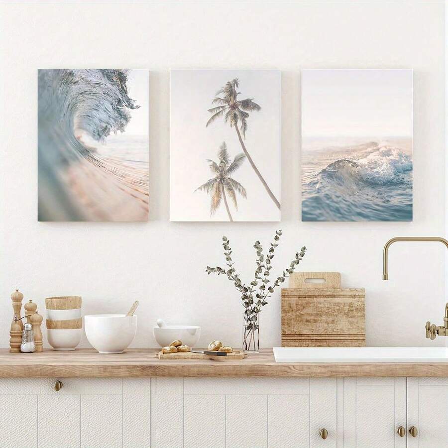 3 件套木质框架粉彩海滩和海洋帆布墙画,防水水墨艺术版画,适合家庭和宿舍装饰,艺术现代经典风格,适合客厅、卧室、办公室、浴室、室内和室外使用 - 彩色 - 查看 1