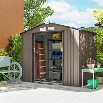 Outsunny 7' X 4' X 6' Garden Storage Shed Outdoor Patio Yard Metal Tool Storage House W/ Steel Foundation Kit And Double Doors, Brown