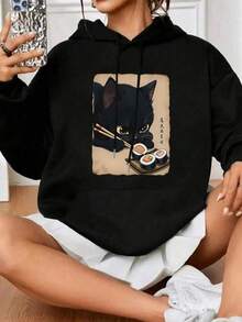 大码女式日常黑色猫咪图案寿司元素日式文字图案连帽长袖休闲春夏秋季女式大码长袖卫衣感恩节外出上衣女式度假装女式 - 黑色 - 查看 3