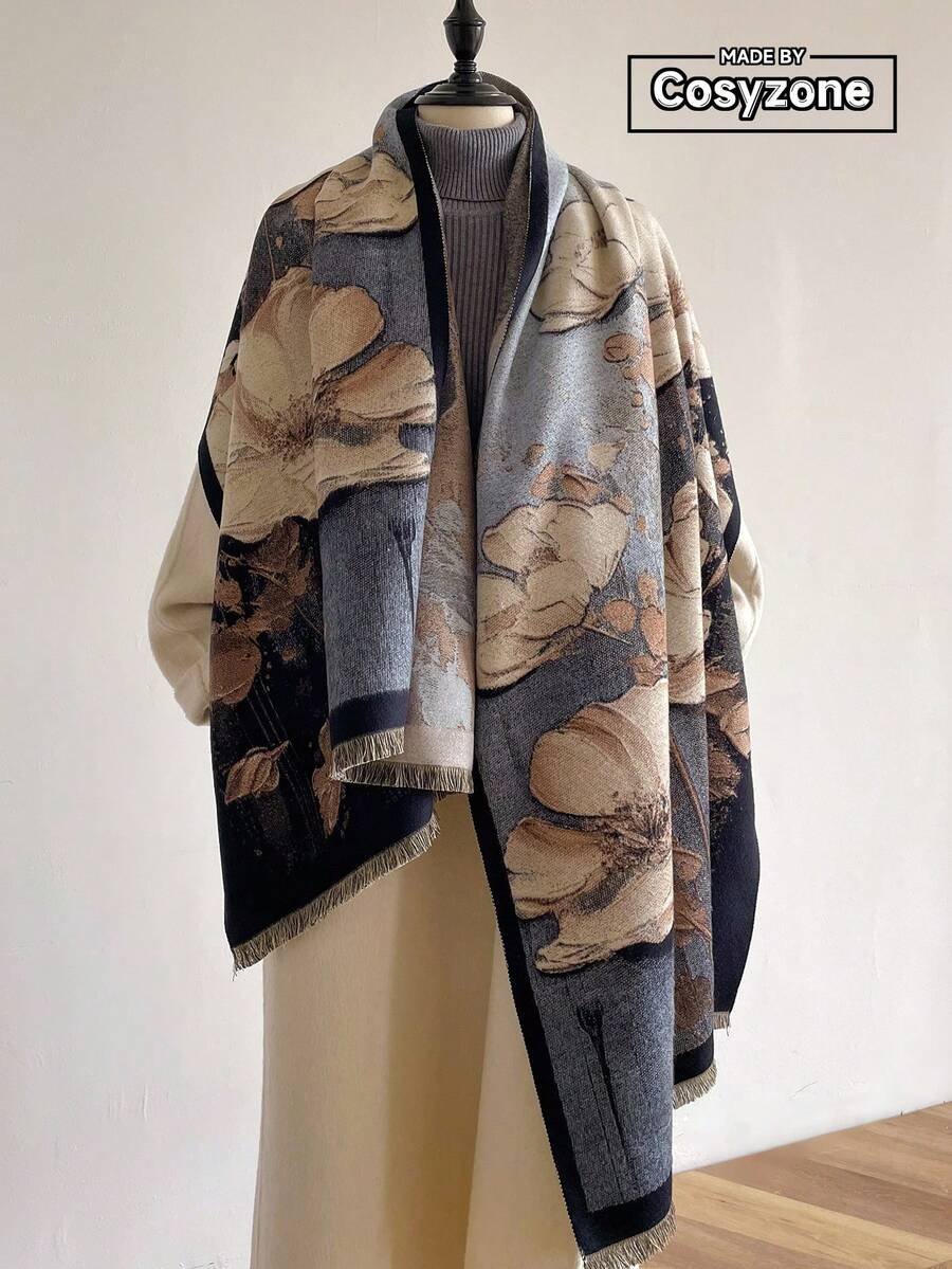 1件女士复古油画花卉提花针织披肩，保暖百搭，适合秋冬季日常佩戴，可搭配连衣裙。 - 霧霾藍 - 查看 1