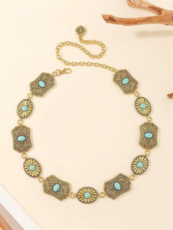 Vintage Metal Square Buckle Waist Chain, Versatile Accessory For Women's Dresses, Turquoise Decor