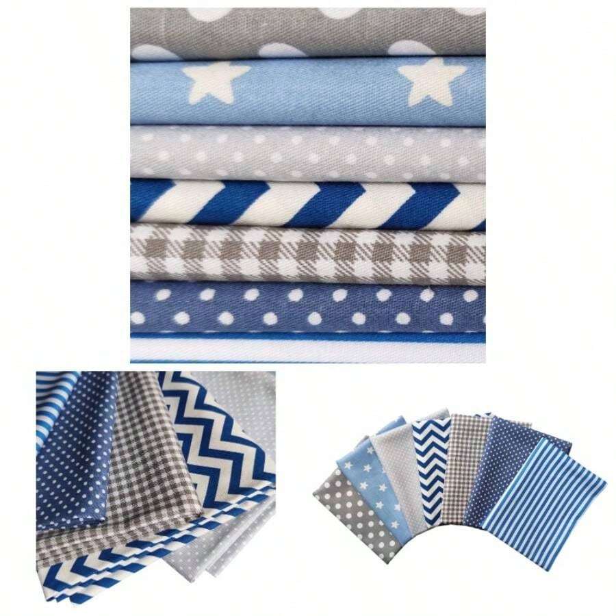 7pcs Cotton Quilting Fabric, Blue Fat Quarter Bundles Printed Patchwork Squares Sewing Crafts, 18x 22 Inches - Polka, Wave, Striped, Gingham - Sọc chấm sóng - Xem 1