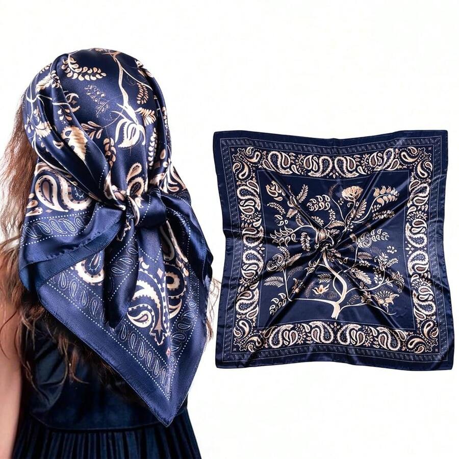 Mulberry Silk Scarfs Small Square Scarfs For Women 21" X 21" Lightweight Square Satin Head Scarf Neck Scarves{"Size_name":"35\"","Color_name":"DarkBlue"} - 深藍英寸 - 查看 1