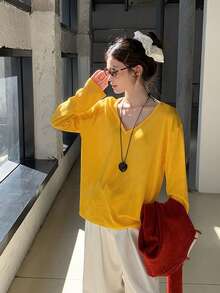 女式宽松休闲 V 领长袖 T 恤，纯色，春秋季