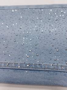 MYOURSA Jeans de pierna recta y tiro bajo con rhinestones para mujer, lavado vintage, casual, estilo Y2K, streetwear, color azul claro, primavera - Lavado ligero - Ver 6
