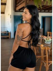 Tailored Romper, Straps And Ties At The Back. - màu đen - Xem 4