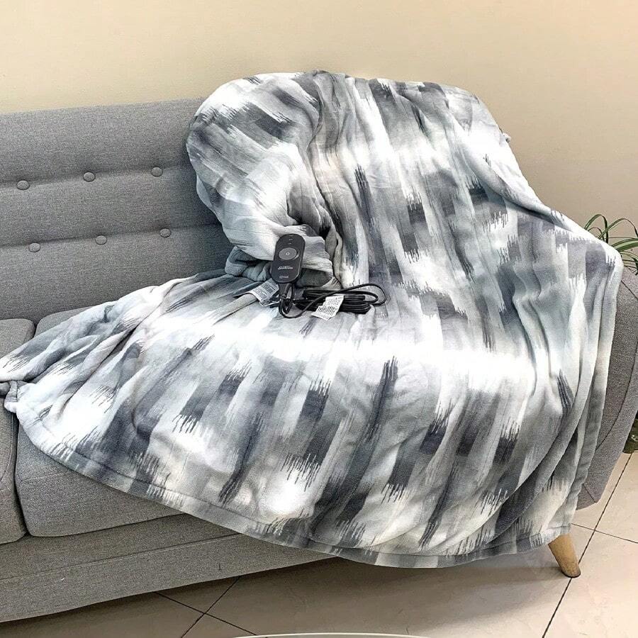 Sunbeam Microplush Foot Pocket Electric Heated Throw Blanket With 3-Heat Setting Control, Gray Ikat Pattern - trắng - Xem 1