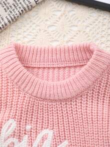 Girls Knitted Sweater With Delicate "Big Sister" Embroidery And White Floral Pattern, Soft And Warm