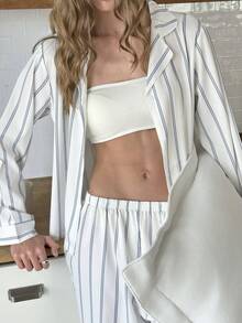 Nina Bonheur Bộ đồ mặc nhà gồm 2 chiếc áo dài tay kẻ sọc thoáng khí thoải mái rộng rãi cho nữ và quần dài, quần áo mùa đông - trắng - Xem 4