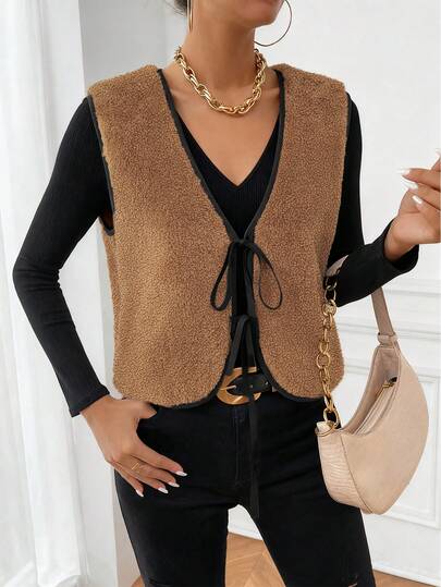 Women's Sleeveless Knit Vest With Notched Neck And Tie Details, Regular Length Lightweight Jacket