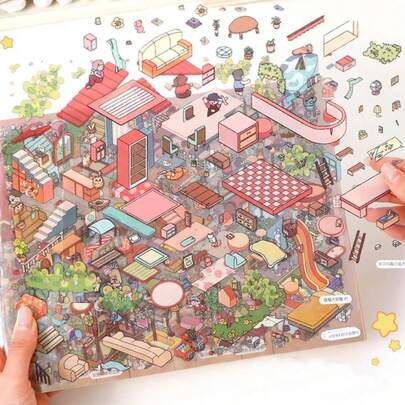 Duża kolekcja naklejek 3D DIY do domu, duża scena 3D, gra symulująca miniaturowe sceny z domu, urocze naklejki z kreskówek dla dorosłych i dzieci, książka z materiałami na naklejki do pokoju zabaw dla dziewcząt