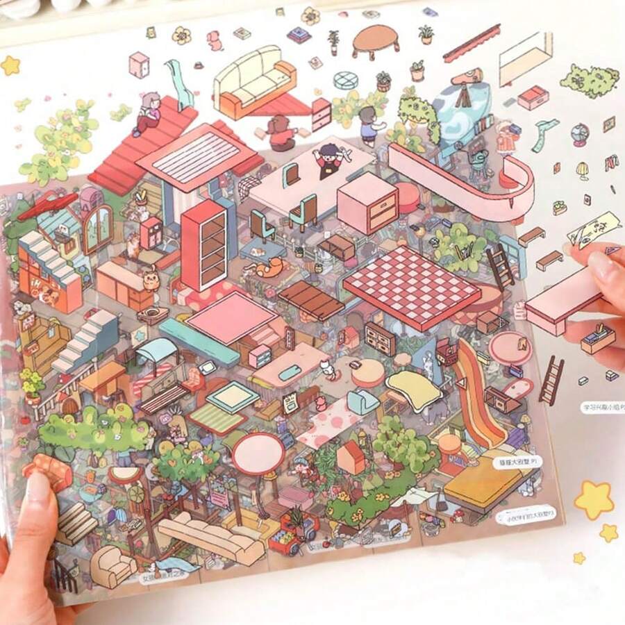 Duża kolekcja naklejek 3D DIY do domu, duża scena 3D, gra symulująca miniaturowe sceny z domu, urocze naklejki z kreskówek dla dorosłych i dzieci, książka z materiałami na naklejki do pokoju zabaw dla dziewcząt