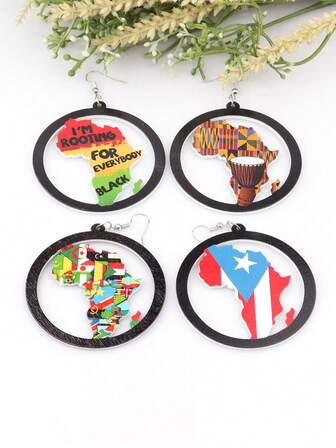 1 Pair African Map Women Earrings Round Natural Wooden Painted Earrings Dangle Earring