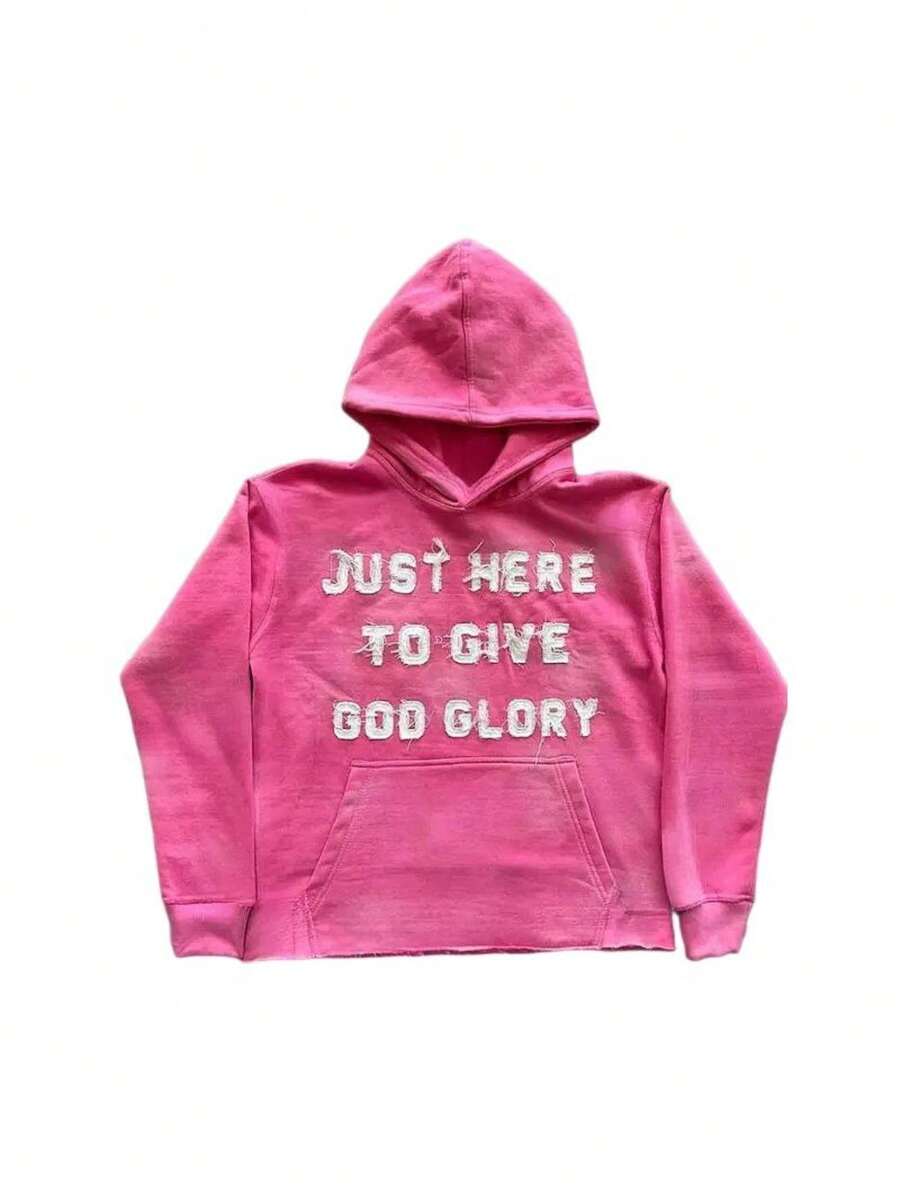 Women's Letter Hoodie - Oversized Streetwear Pullover With Cross Design On The Back And Distressed Details; A Hoodie With A Faith Theme; Men's Casual Sweatshirt - 粉色 - 查看 1