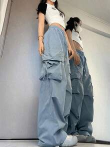 Pantalones Cargo para mujer ropa de calle de cintura alta chándal holgados con cordón y bolsillos grandes de informales - Azul - Ver 4