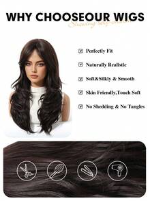 20英寸带刘海合成假发，长款波浪层次深棕色假发，适合女性日常、派对、角色扮演等场合。 - 棕色 - 查看 8