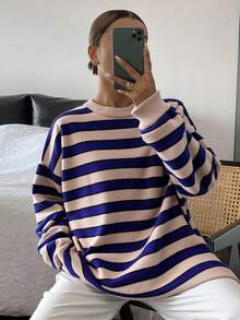 Livesso Damen-Strickpullover mit Kontraststreifen, lockerem Rundhalsausschnitt und langen Ärmeln, lässiger Pullover für Herbst/Winter, Schule - Blau - Übersicht 2